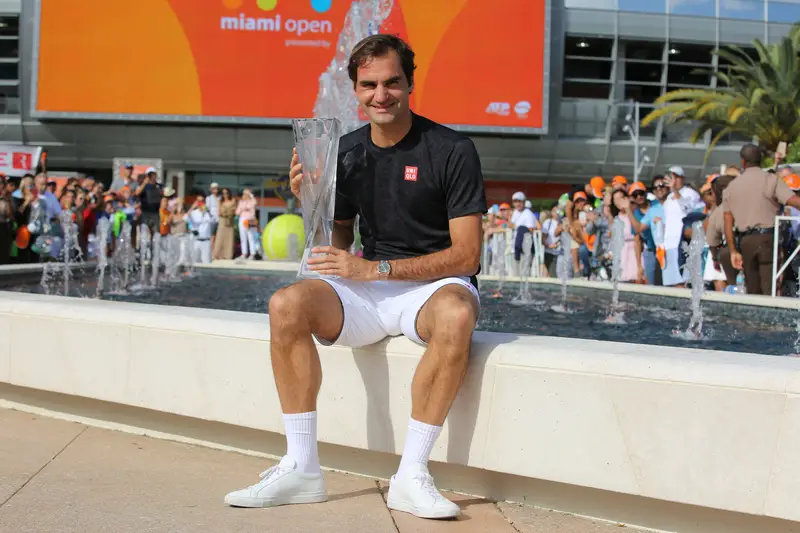 Grand Slam champion Roger Federer of Switzerland posing with trophy after his win at 2019 Miami Open final match