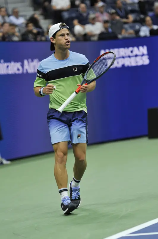 Professional tennis player Diego Schwartzman of Argentina in action during his quarterfinal match against Rafael Nadal at US Open